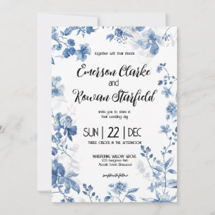 Convite Elegante Chinoiserie Azul Francês Toile Floral