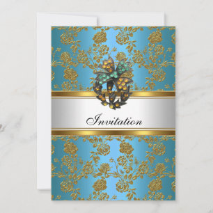 Convite Elegante Chique Dourado Azul Floral