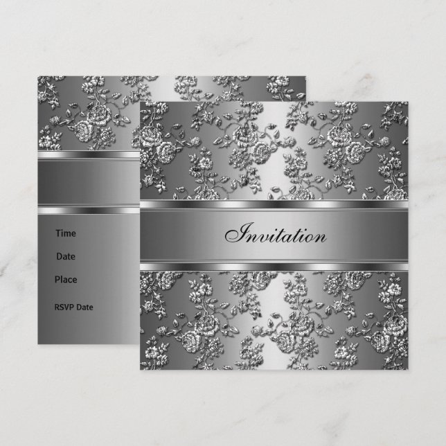 Convite Elegante Chique Floral Embutido Prata (Frente/Verso)