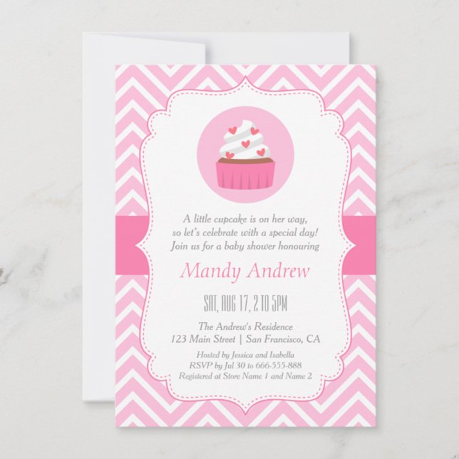 Convite Elegante Chuveirinho de Bebê Menina Cupcake com Zi (Frente)