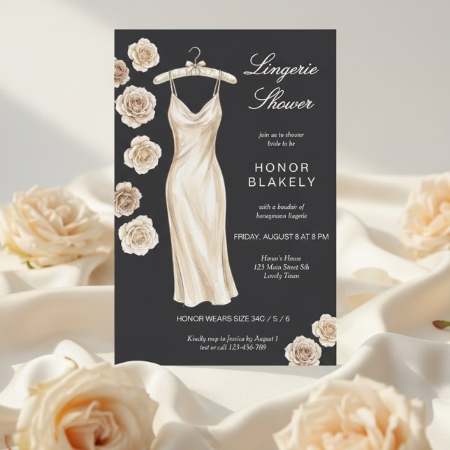 Convite Elegante Chuveiro de Roupa Íntima de Seda Carvão e (Lingerie shower invitation for bride to be honeymoon wardrobe with chic moody noir aesthetic)
