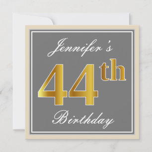 Convite Elegante, Cinza, 44 Dourada Faux Aniversário + No