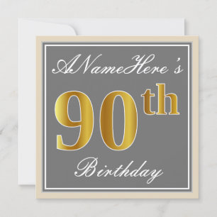 Convite Elegante, Cinza, 90 Dourada Faux Aniversário + No