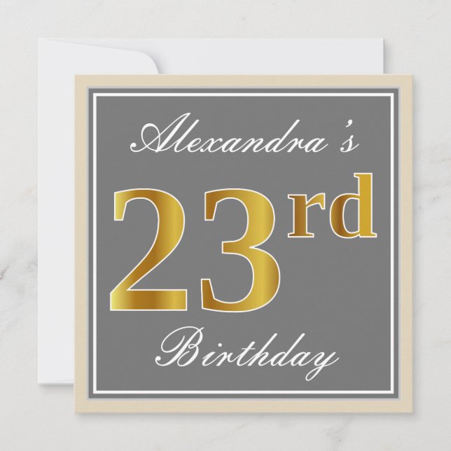 Convite Elegante, Cinza, Dourado Falso Aniversário de 23 a (Frente)