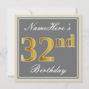 Convite Elegante, Cinza, Falso Dourado Aniversário de 32 a