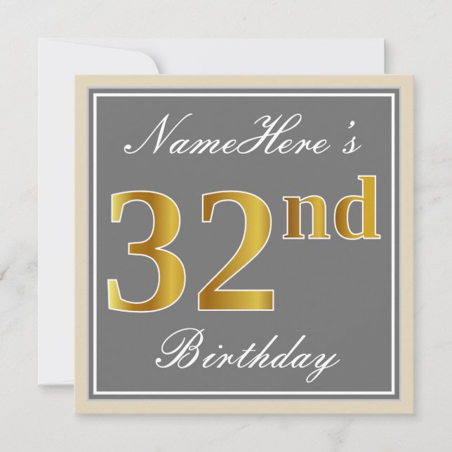 Convite Elegante, Cinza, Falso Dourado Aniversário de 32 a (Frente)