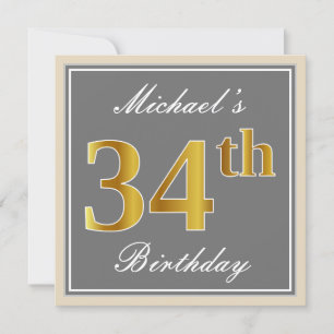 Convite Elegante, Cinza, Faux Dourado 34. Aniversário + N