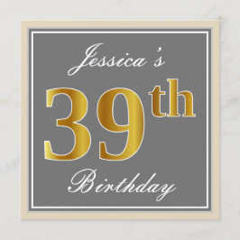 Convite Elegante, Cinza, Faux Dourado 39º Aniversário + No