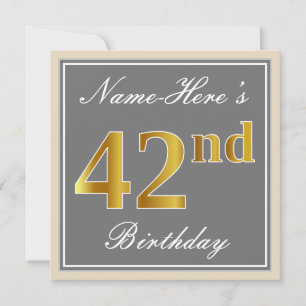 Convite Elegante, Cinza, Faux Dourado 42º Aniversário + 