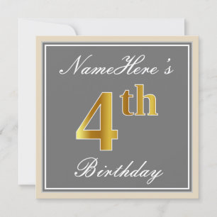 Convite Elegante, Cinza, Faux Dourado 4. Aniversário; Nom