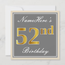 Convite Elegante, Cinza, Faux Dourado 52º Aniversário + No