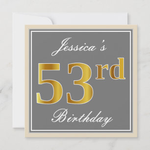 Convite Elegante, Cinza, Faux Dourado 53º Aniversário +