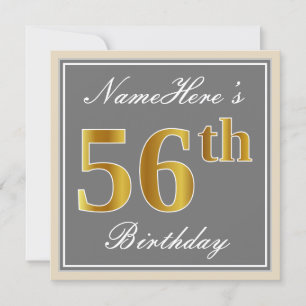 Convite Elegante, Cinza, Faux Dourado 56º Aniversário + 