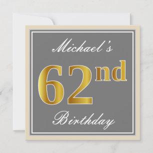 Convite Elegante, Cinza, Faux Dourado 62º Aniversário + 