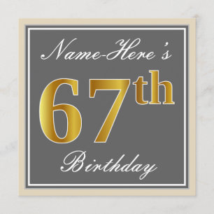 Convite Elegante, Cinza, Faux Dourado 67º Aniversário + No