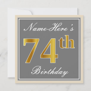 Convite Elegante, Cinza, Faux Dourado 74. Aniversário + N
