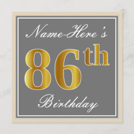 Convite Elegante, Cinza, Faux Dourado 86º Aniversário + No
