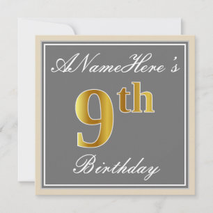 Convite Elegante, Cinza, Faux Dourado 9º Aniversário; No