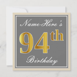 Convite Elegante, Cinza, Faux Dourado 94.o Aniversário + N
