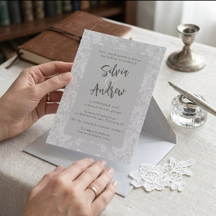 Convite Elegante Cinza Prata Floral de Renda Vintage Casam
