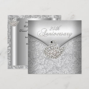 Convite Elegante Cisne Branco Damask Prata 25º Aniversário