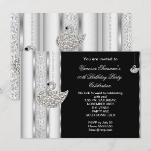 Convite Elegante Cisne de Diamante Branco Prata Preto Aniv
