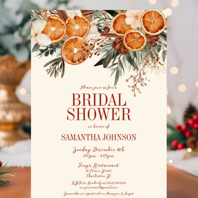 Convite Elegante Citrus Floral Chá de panela (Ivory Orange Citrus Floral Bridal Shower Invitation, Christmas, Fall Autumn, Elegant Modern Wedding)