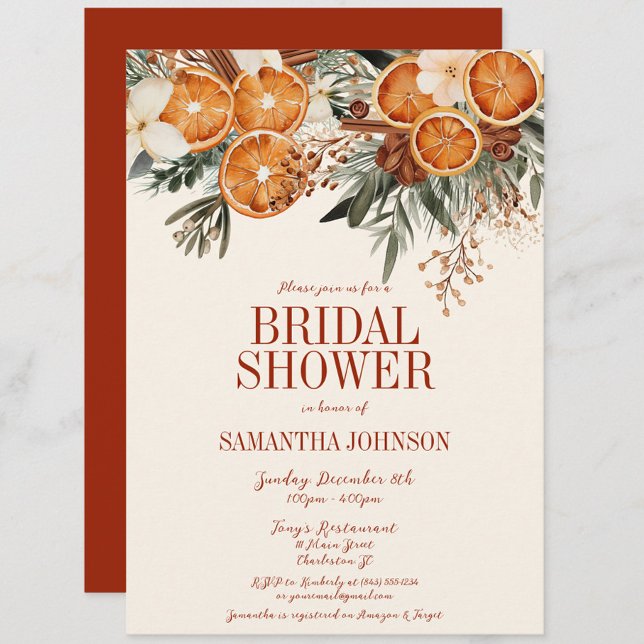 Convite Elegante Citrus Floral Chá de panela (Ivory Orange Citrus Floral Bridal Shower Invitation, Christmas, Fall Autumn, Elegant Modern Wedding)