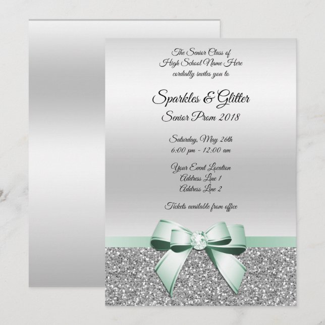 Convite Elegante Classe Verde-Menta Laço & Brilho Prata Pr (Frente/Verso)