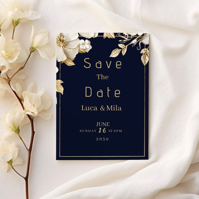 Convite Elegante clássico azul marinho dourado flora Save  (Elegant classic navy blue gold flora Save the Date )