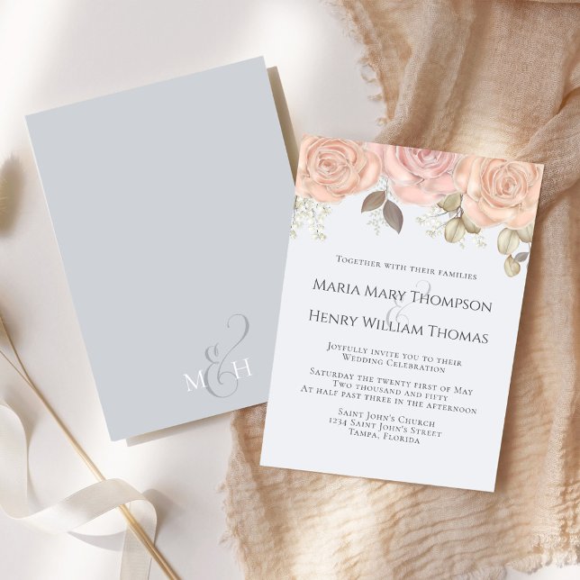 Convite Elegante Clássico Boho Floral Rosa Azul Claro (Elegant blush and light blue rose gold floral wedding invitation)