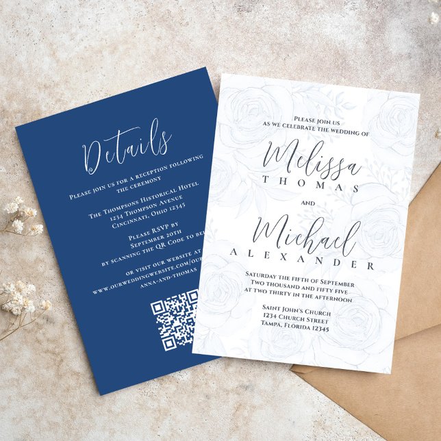 Convite Elegante Clássico Caligrafia Floral Dusty Blue RSV (Elegant wedding invitations with blue floral pattern and taupe with QR Code)
