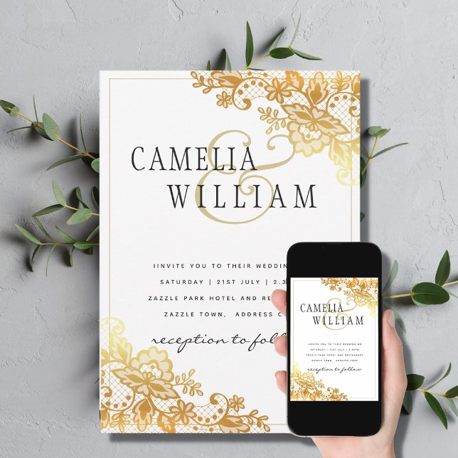 Convite Elegante Clássico de Casamento Branco Dourado de L (Criador carregado)