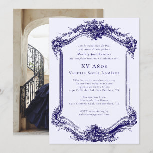 Convite Elegante Clássico Marinho Azul Quinceañera 15 de A
