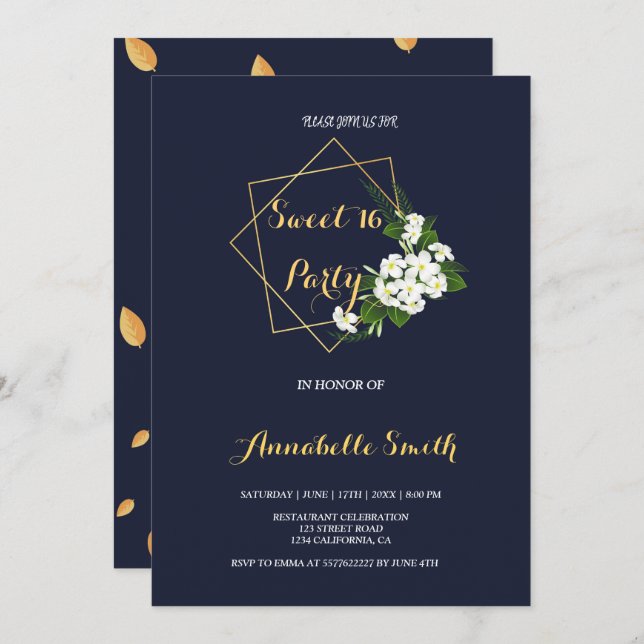 Convite Elegante Clássico Marinho Geométrico 16 (Frente/Verso)