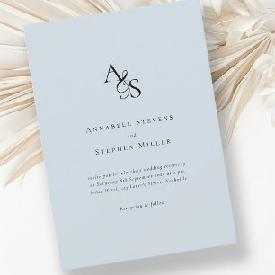 Convite Elegante, Clássico, Monograma, Azul Claro, Casamen