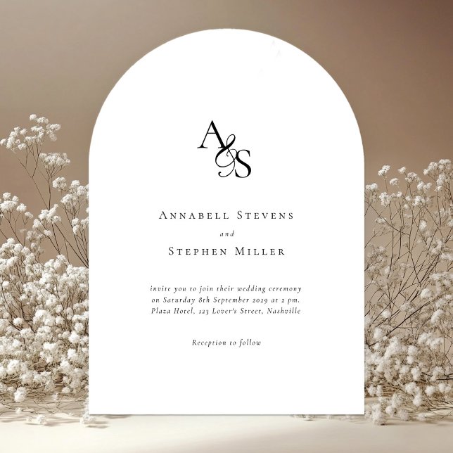 Convite Elegante, Clássico, Monograma, Branco, Arch Casado (Elegant, classic, monogram, black & white, arch wedding invitation.)