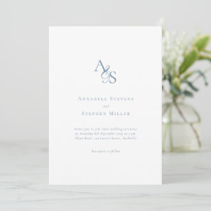 Convite Elegante Clássico Monograma Branco Azul Casamento
