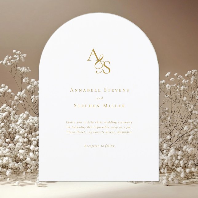 Convite Elegante, Clássico, Monograma, Branco, Casamento (Elegant, classic, monogram, white & beige, arch wedding invitation.)