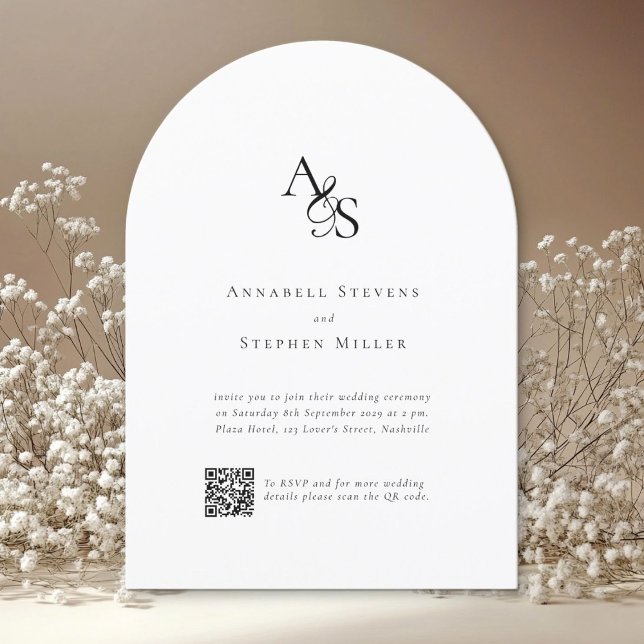 Convite Elegante, Clássico, Monograma, Branco, Casamento d (Elegant, Classic, Monogram, White, QR Code Wedding Invitation)