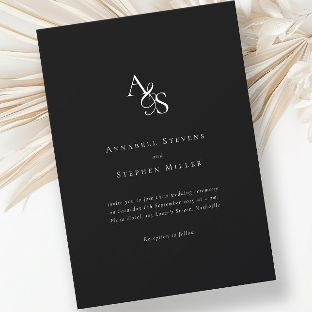 Convite Elegante, Clássico, Monograma, Branco Negro, Casam (Criador carregado)
