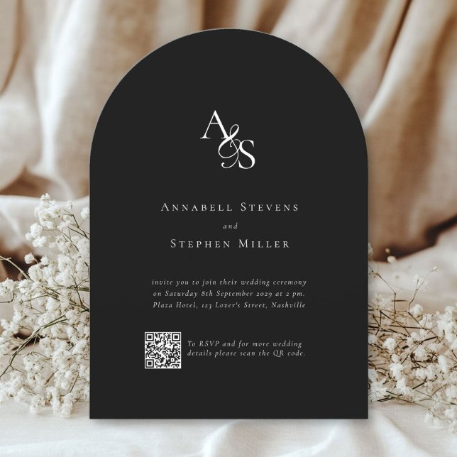 Convite Elegante, Clássico, Monograma, Preto, Casamento de (Elegant, classic, monogram, black+white, QR Code wedding invitation.)