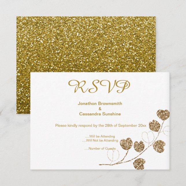 CONVITE ELEGANTE CLÁSSICO OURO EUCALIPTO BRILHO RSVP (Frente/Verso)