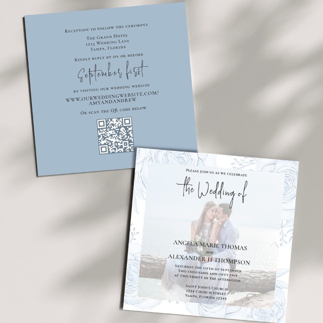 Convite Elegante Clássico Simples Dusty Blue Floral RSVP (Simple elegant Photo wedding invitation with a QR code for rsvp, template. )
