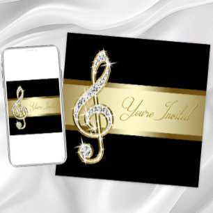 Convite Elegante Clef de Sol Preto e Dourado Musical