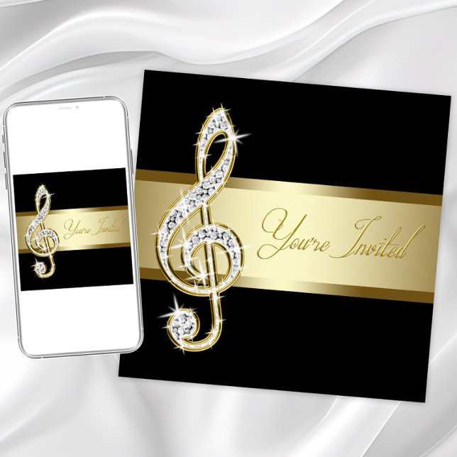 Convite Elegante Clef de Sol Preto e Dourado Musical (Elegant any musical event invitation with beautiful diamond and gold treble clef. )