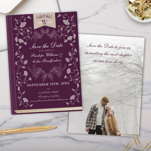 Convite Elegante Cobrir de Tan Book Casamento Salve a Data (purple and cream library book cover wedding save the date invitation cards with full photo)