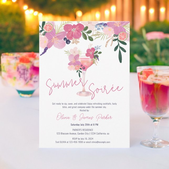 Convite Elegante Cocktail Floral Desenhado à Mão para Sara (Elegant Floral Cocktail Hand Drawn Summer Soirée Invitation)