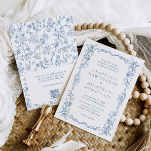 Convite Elegante Código QR Azul Vitoriano para RSVP de Cas
