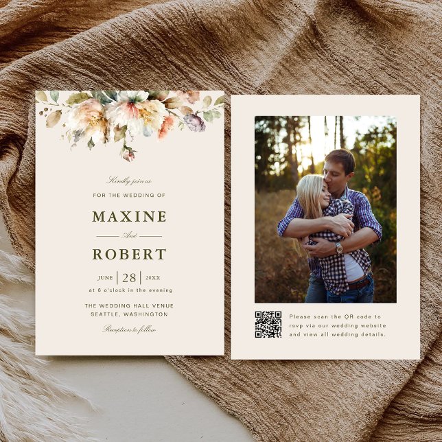 Convite Elegante Código QR Botânico Floral Foto Casamento (Elegant floral botanical QR code photo wedding invitation with timeless romantic charm.)